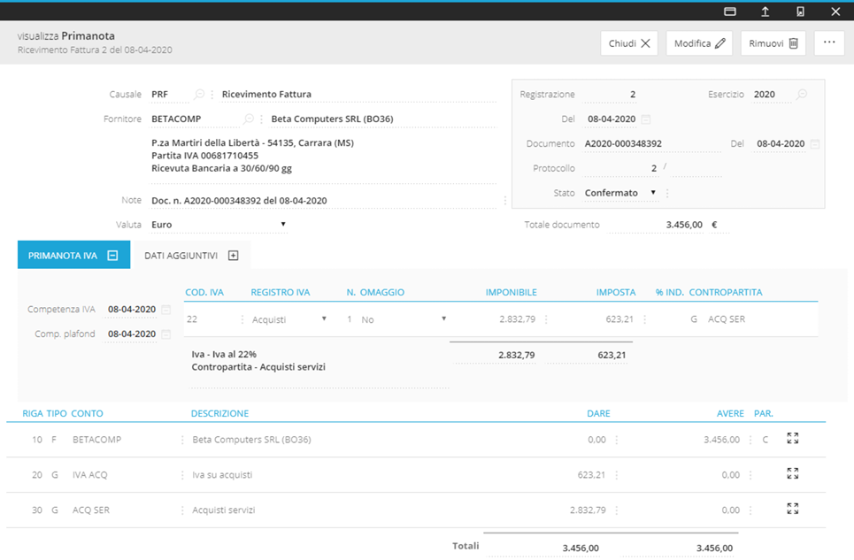 schermata Primanota software AdHoc Revolution Web Zucchetti
