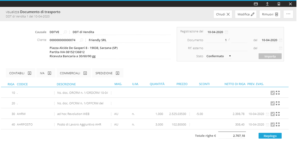 schermata documento di trasporto software AdHoc Revolution Web Zucchetti