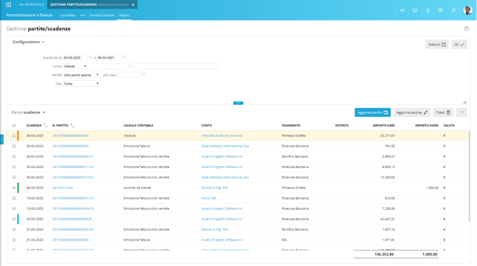 schermata partite scadenze software AdHoc Revolution Web Zucchetti