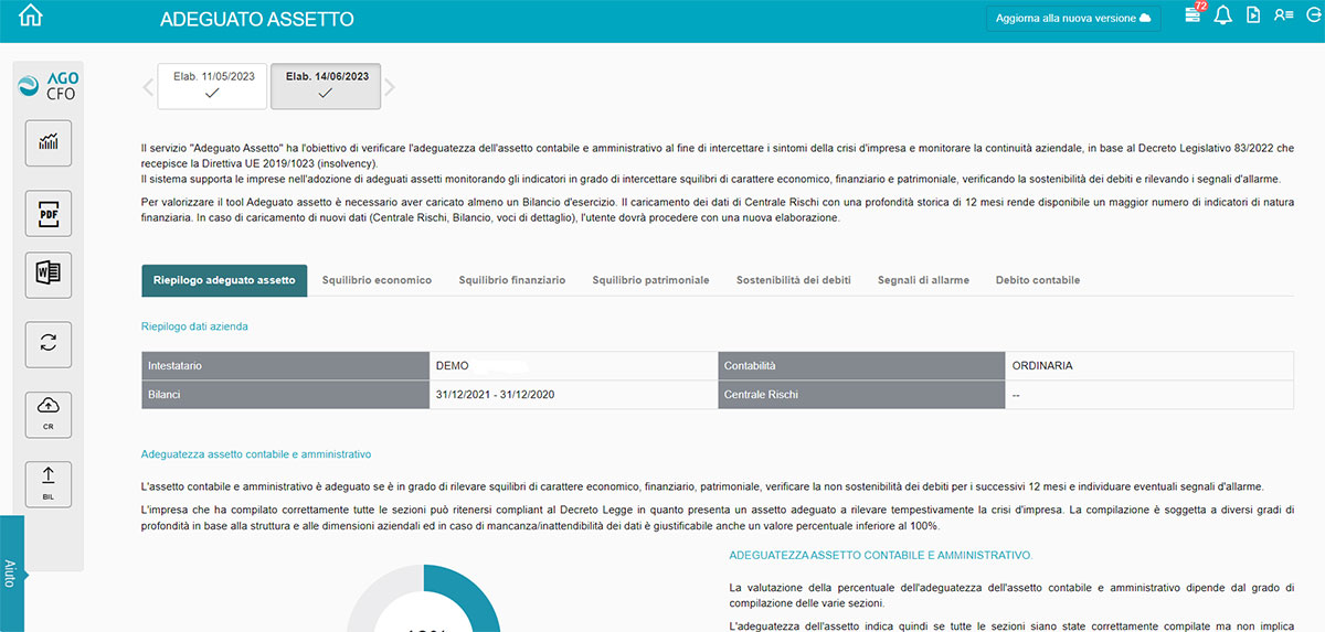 schermata adeguato assetto software Digital CFO Zucchetti