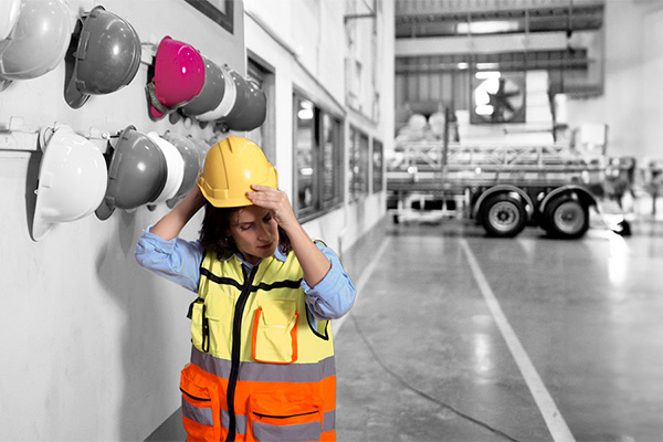 donna con gilet e casco protettivo in una fabbrica